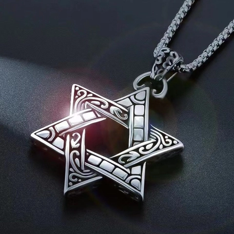 Vintage Hip Hop Hexagram Star Pendant Necklace For Men Retro Antique Silver Color Zinc Alloy Box Chain Heavy Metal Jewelry