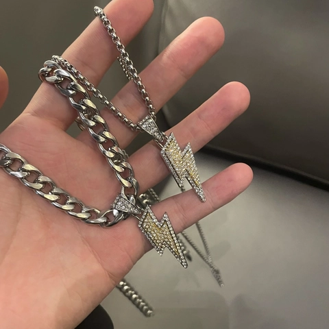 Hip Hop Lightning Bolt Pendant Necklace Stainless Steel Alloy Rhinestone Pave Iced Out Cuban Chain For Men Women Streetwear Fashion Jewelry