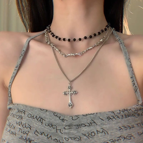 Gothic Punk Kreuz Mehrlagige Halskette Für Damen Y2K Stacheldraht Kette Schwarze Perlen Silberfarben Mode Streetwear Schmuck