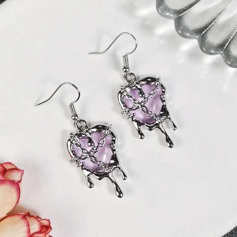 Gothic Punk Molten Lava Heart Pendant Necklace Earrings For Women Dripping Metal Wrapped Chain Sweet Cool Dark Jewelry