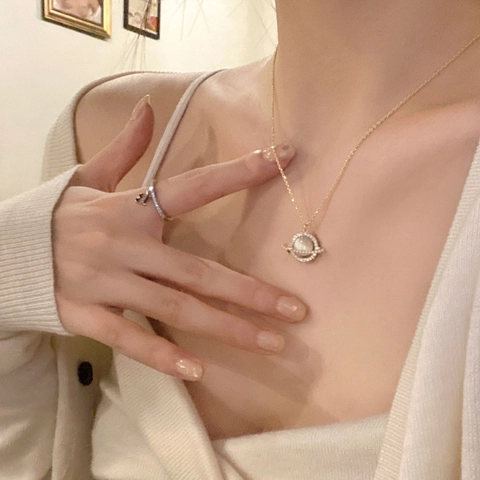 Luxury Planet Saturn Pendant Necklace For Women Gold Plated Alloy Zirconia Moonstone Effect Stone Charm Choker Jewelry