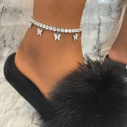 Vlinder Strass Enkelbandje Voor Dames Legering Glimmende Bedeltjes Voetsieraden Strand Accessoires Verstelbaar Elegant