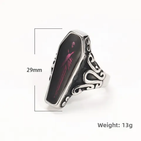 Vintage Gothic Vampire Coffin Ring For Men Stainless Steel Purple Skeleton Pattern Punk Style Retro Jewelry Finger Band