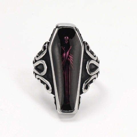 Vintage Gothic Vampire Coffin Ring For Men Stainless Steel Purple Skeleton Pattern Punk Style Retro Jewelry Finger Band