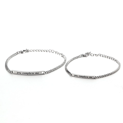 Minimalist Edelstahl Box-Kette Armband Für Paare Graviert You Complete Me Beschriftung Silber Farbe Mode Schmuck Geschenk