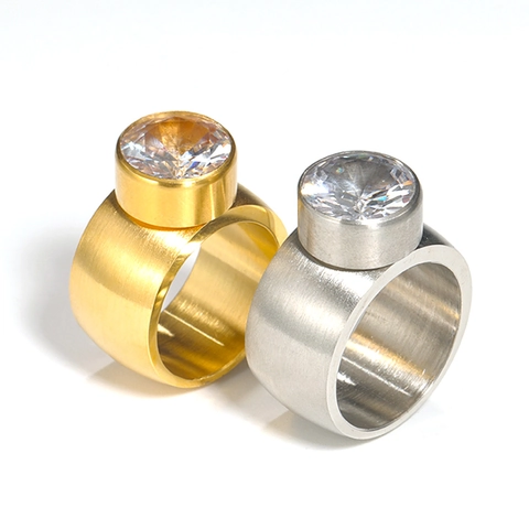 Men Hip Hop Titanium Steel Ring Large Round Zirconia Wide Band Brushed Finish Domineering Simple Fashion Jewelry Ring Gift