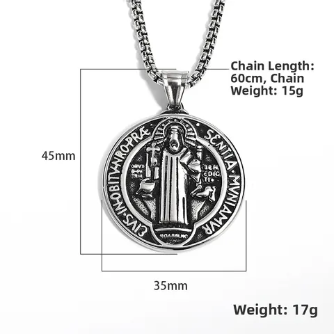 Collar con Colgante de Medalla de San Benito de Acero de Titanio Retro Punk Religioso Moneda Redonda Cruz Exorcista Joyería para Hombres Mujeres