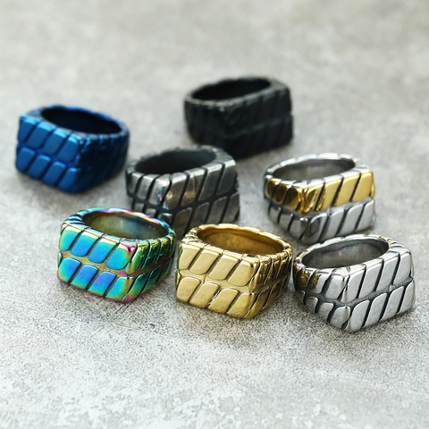 Herren Vintage Titanstahl Reifenprofil Ring Industrie Punk Stil Breitband Titanstahl Geometrischer Bandring Schmuck Geschenk