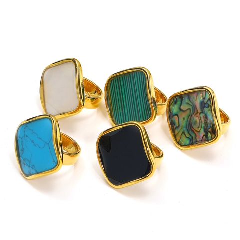Anello in Oro Acciaio Inossidabile Minimalista Stile Francese Intarsio in Madreperla Anello Geometrico Rotondo Statement per Donna