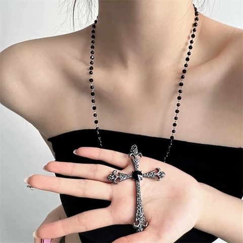 Gothic Cross Pendant Necklace Alloy Beaded Chain Rhinestone Y2K Punk Dark Style Jewelry For Women