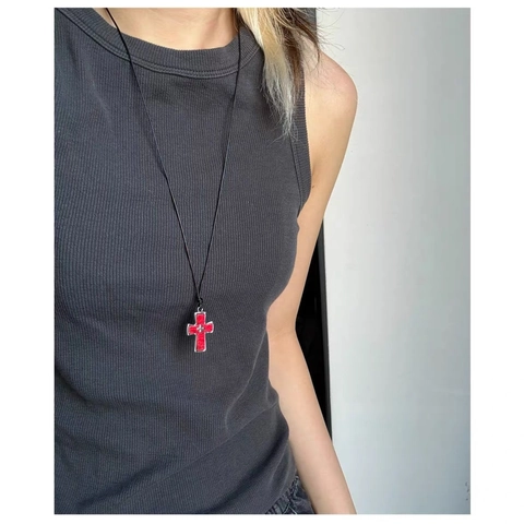 Vintage Y2K Punk Rock Zinc Alloy Cross Pendant Necklace For Women Gothic Black Cord Adjustable Enamel Cross Pendant Accessory