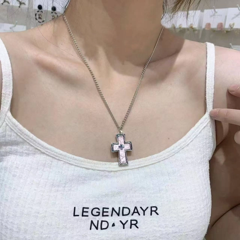 Y2K Gothic Cross Pendant Necklace For Women Zinc Alloy Pink White Blue Enamel Silver Chain Punk Clavicle Chain Jewelry