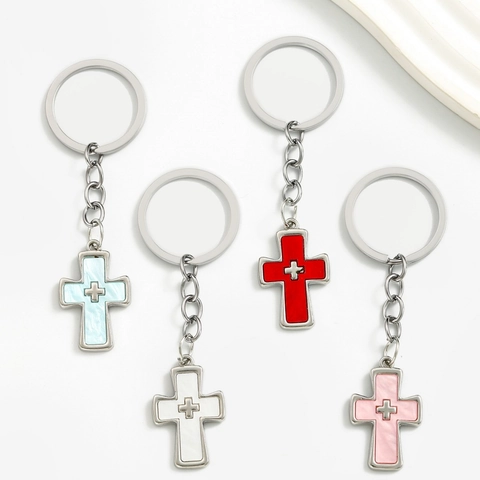 Portachiavi a Croce in Lega di Zinco Ciondolo Religioso in Smalto Ciondolo per Borsa Donna Uomo Portachiavi in Metallo Placcato Argento