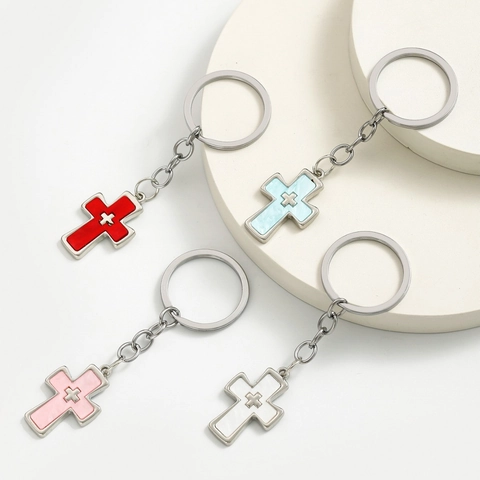 Portachiavi a Croce in Lega di Zinco Ciondolo Religioso in Smalto Ciondolo per Borsa Donna Uomo Portachiavi in Metallo Placcato Argento