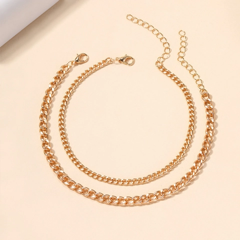 European American Minimalist Zinc Alloy Double Layered Anklet Set For Women Cuban Snake Chain Beach Summer Foot Jewelry