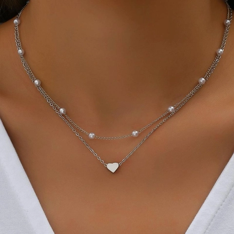 Vintage Legering Kunstparel Hart Ster Hanger Gelaagde Halsketting Voor Vrouwen Goud Zilver Vergulde Sleutelbeenhalsketting Sieraden