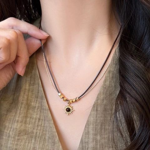 Women Bohemian Double Layer Necklace Alloy Sunburst Pendant With Tiger Eye Stone Brown Wax Cord Retro Gold Jewelry Accessary