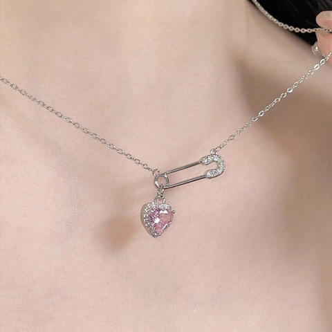 Fashion Zinc Alloy Zirconia Heart Paperclip Pendant Necklace For Women Elegant Pink White Stone Choker Statement Jewelry Gift