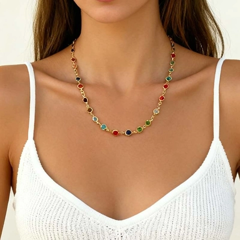 Joyería de Aleación Redonda de Zirconia Colorida Estilo Ins Chapada en Oro Collar Geométrico Pulsera Pendientes Mujer