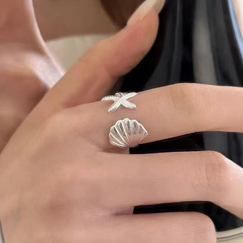 Anello Aperto Regolabile a Tema Oceano Stella Marina Conchiglia Donna Argento Sterling 925 Gioielli Stile Marino Regalo
