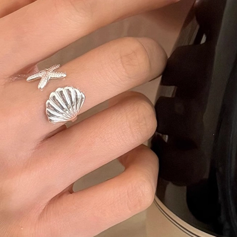 Anello Aperto Regolabile a Tema Oceano Stella Marina Conchiglia Donna Argento Sterling 925 Gioielli Stile Marino Regalo