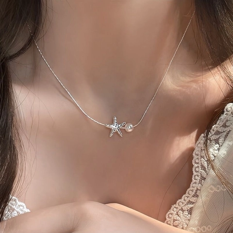 Oceaan Stijl Zinklegering Zeester Parel Hanger Ketting Voor Dames Elegant Zilveren Kleur Kunstparel Choker Zomer Strand Sieraden