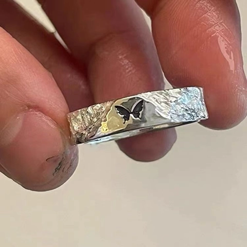 Mode Zinklegering Gehamerd Textuur Vlinder Open Ring Verstelbaar Voor Vrouwen Chique Emaille Vlinder Vingering Sieraden Cadeau