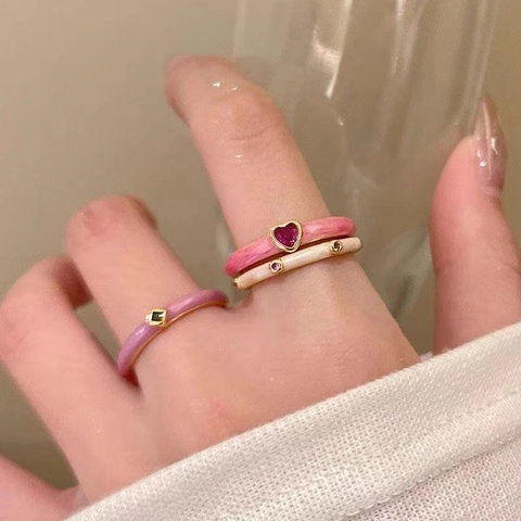 Vintage Macaron Enamel Zircon Open Ring For Women Colorful Dopamine Zinc Alloy Adjustable Heart Geometric Finger Ring Jewelry