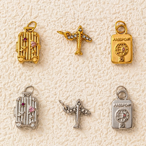 Stainless Steel Traveling Theme Pendant Airplane Suitcase Passport Charm With Rhinestone Electroplated Fashion DIY Jewelry Accessory