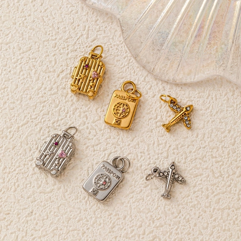 Stainless Steel Traveling Theme Pendant Airplane Suitcase Passport Charm With Rhinestone Electroplated Fashion DIY Jewelry Accessory