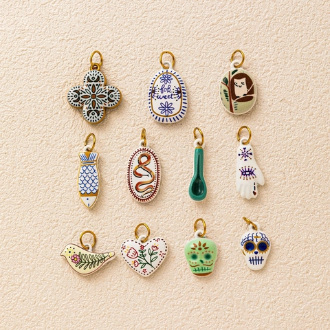 Stainless Steel Ceramic Skull Pendant Necklace Vintage Bohemian Hand Painted Bird Fish Snake Heart Hand Shape 18K Gold Plated Jewelry For Women