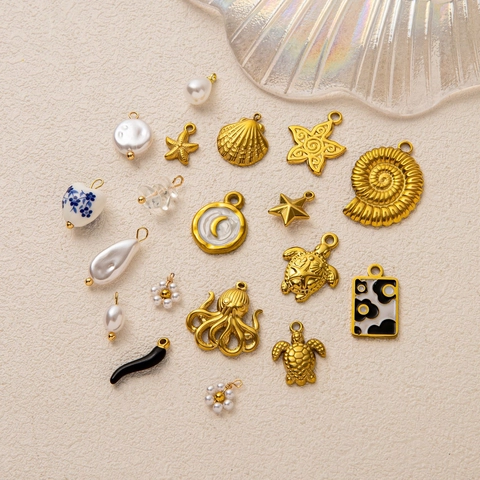 Stainless Steel Ocean Theme Sea Shell Turtle Star Pendant Necklace Gold Plated Artificial Pearl Enamel Jewelry For Women