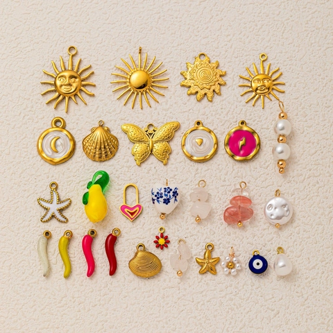 Colgante de Acero Inoxidable Ojo Turco Estrella de Mar Sol Luna Corazón DIY Joyería Para Mujeres Chapado en Oro 18K Esmalte