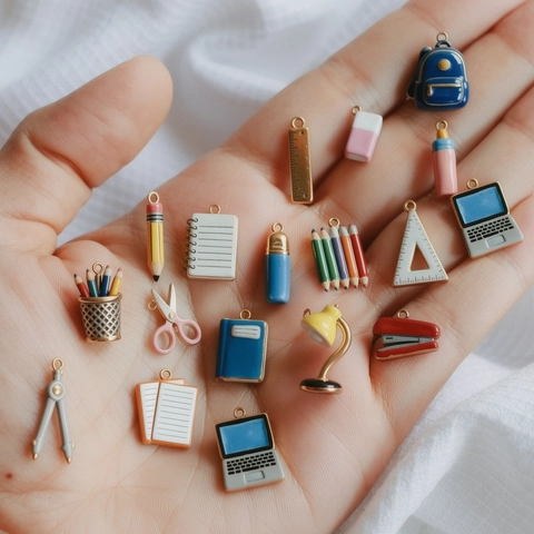 DIY Stationery Charm Pendant Necklace Copper Enamel Notebook Pencil Ruler School Supplies Graduation Gift For Students Women Jewelry