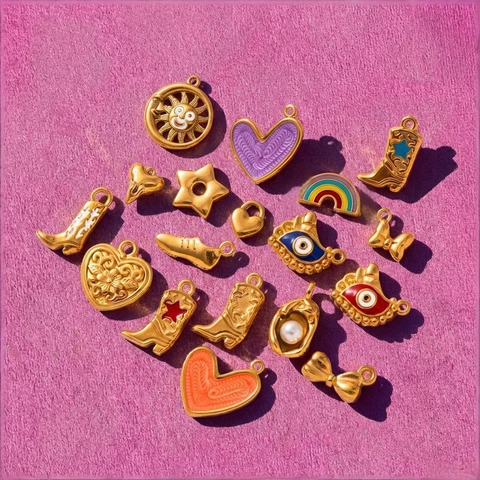 Collana con Pendente in Acciaio Inossidabile Placcato Oro 18K Con Ciondoli Smalto Cuore Malocchio Stivale da Cowboy Arcobaleno Sole Perla Artificial Per Donna Gioielli DIY