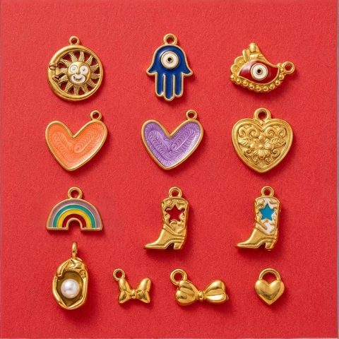 Collana con Pendente in Acciaio Inossidabile Placcato Oro 18K Con Ciondoli Smalto Cuore Malocchio Stivale da Cowboy Arcobaleno Sole Perla Artificial Per Donna Gioielli DIY