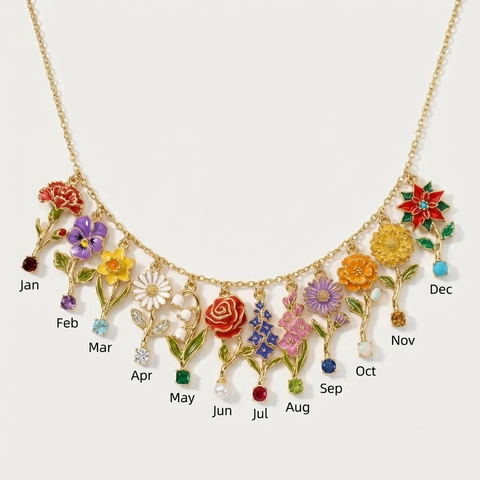 Collana Con Ciondolo Fiore del Mese di Nascita in Rame Con Strass Perla Artificiale Oro Placcato Smalto Gioielli Floreali per Donna