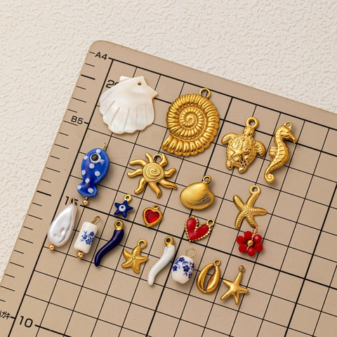 Stainless Steel Ocean Series Pendants DIY Jewelry Making Sea Star Turtle Shell Heart Enamel Charms Gold Plated Accessories