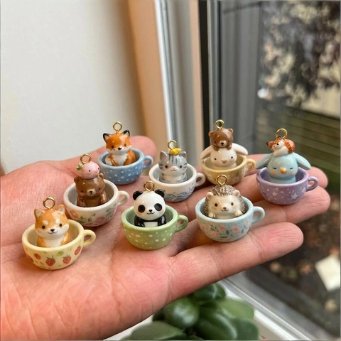 Cartoon Animal In Teacup Pendant Copper Necklace For Women Creative 3D Fox Panda Rabbit Penguin Hedgehog Jewelry Accessory Gift