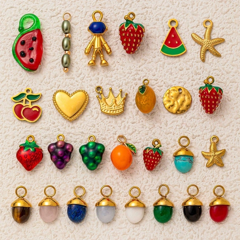 Pendentifs en Acier Inoxydable de Série de Fruits de Bricolage pour la Fabrication de Bijoux Plaqué Or 18K Émail Fraise Pastèque Collier