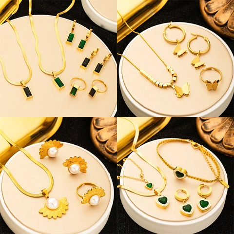 Vintage Stainless Steel Jewelry Set For Women Emerald Green Rhinestone Necklace Heart Butterfly Pendant Artificial Pearl Jewelry