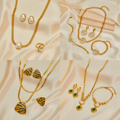 Vintage Stainless Steel Jewelry For Women Gold Plated Artificial Pearl Rhinestone Animal Print Geometric Necklace Earrings Bracelet Ring