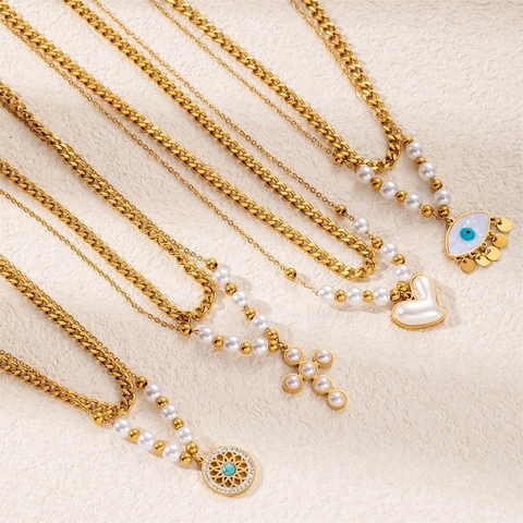 Double Layered Stainless Steel Pendant Necklace For Women Gold Plated Evil Eye Heart Portrait Coin Artificial Pearl Rhinestone Clavicle Chain Jewelry