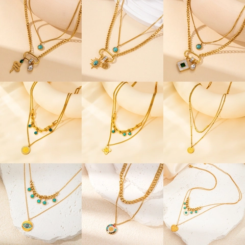 Double Layered Stainless Steel Pendant Necklace For Women Gold Plated Evil Eye Heart Portrait Coin Artificial Pearl Rhinestone Clavicle Chain Jewelry