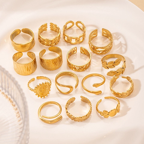 Vintage Stainless Steel Open Ring Gold Plated Adjustable Geometric Feather Leaf Woven Sun Pattern Fashion Jewelry For Women