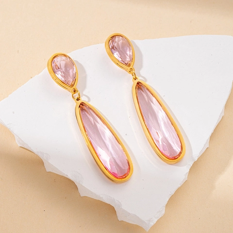 Vintage Stainless Steel Water Drop Dangle Earrings For Women Gold Plated Emerald Pink Clear Crystal Zirconia Inlaid Jewelry