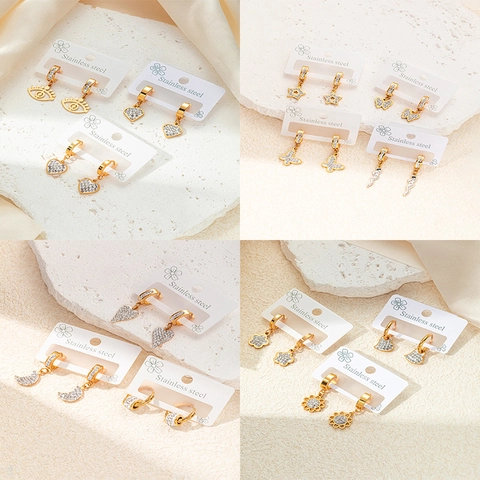 Fashion Gold Plated Stainless Steel Rhinestone Drop Earrings For Women Heart Star Moon Evil Eye Pattern Dangle Jewelry
