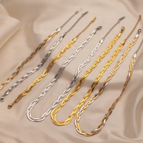 Vintage Stainless Steel Twisted Braided Snake Chain Necklace For Women Gold Silver Tri-color Flat Herringbone Chain Jewelry