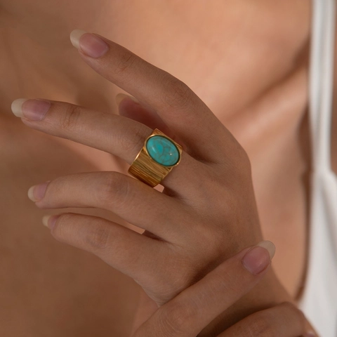 Retro Edelstahl Breitband Offener Ring Mit Ovalem Türkis Eingelegt Vergoldet Strukturierter Verstellbarer Ring Für Damen