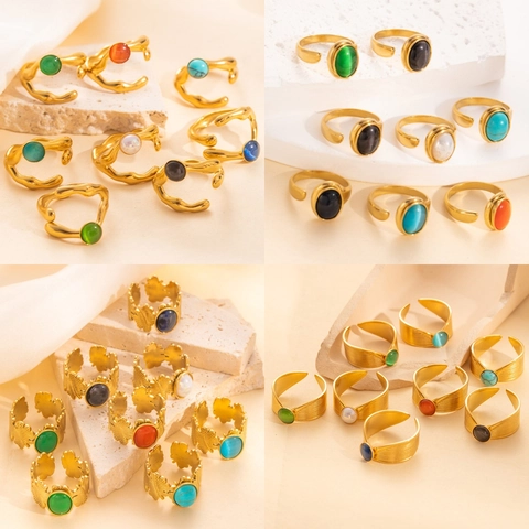 Anillo Abierto de Acero de Titanio Vintage para Mujer Dorado Varias Capas Líneas Geométricas Anillo Con Piedra Ojo de Gato Joyería